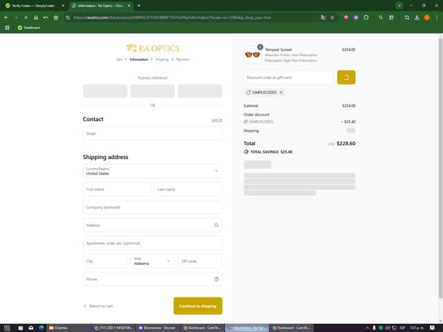 Ra Optics checkout page showing Ra Optics discount code box | Screenshot taken by SimplyCodes community member on Aug 28, 2025