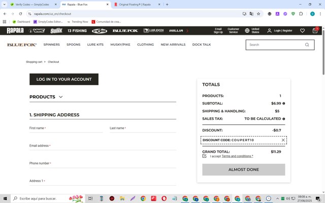 Rapala checkout page showing Rapala discount code box | Screenshot taken by SimplyCodes community member on Aug 27, 2025