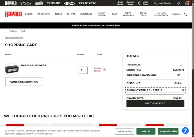 Rapala checkout page showing Rapala discount code box | Screenshot taken by SimplyCodes community member on Aug 9, 2025