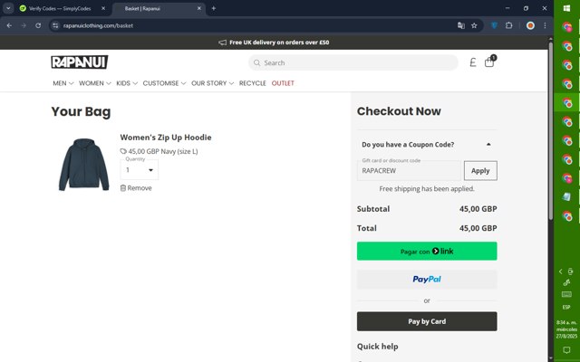 Rapanui checkout page showing Rapanui discount code box | Screenshot taken by SimplyCodes community member on Aug 27, 2025