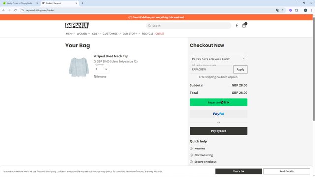 Rapanui checkout page showing Rapanui discount code box | Screenshot taken by SimplyCodes community member on Aug 31, 2025
