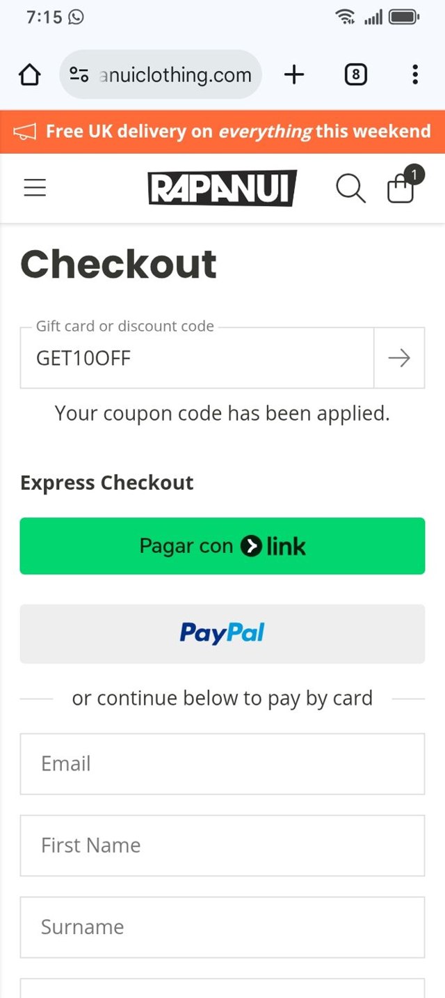 Rapanui checkout page showing Rapanui discount code box | Screenshot taken by SimplyCodes community member on Aug 31, 2025