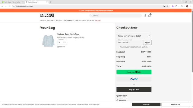 Rapanui checkout page showing Rapanui discount code box | Screenshot taken by SimplyCodes community member on Aug 31, 2025