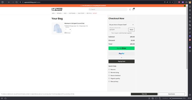 Rapanui checkout page showing Rapanui discount code box | Screenshot taken by SimplyCodes community member on Aug 31, 2025