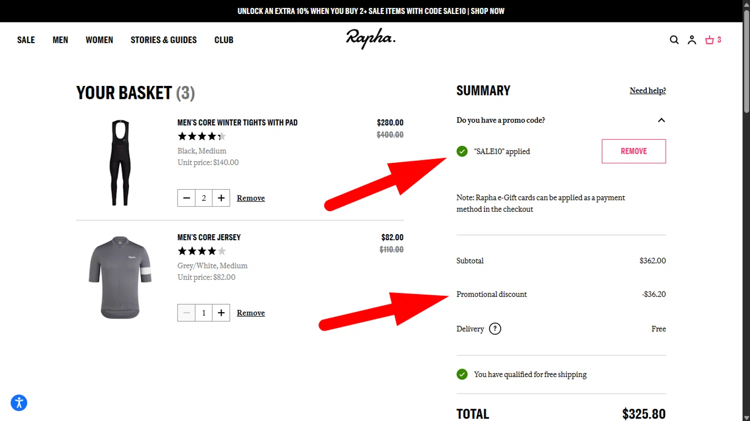 Rapha promo code screenshot showing code SALE10 applied at Rapha checkout page. Uploaded by SimplyCodes community member ______________ on Dec 26, 2025