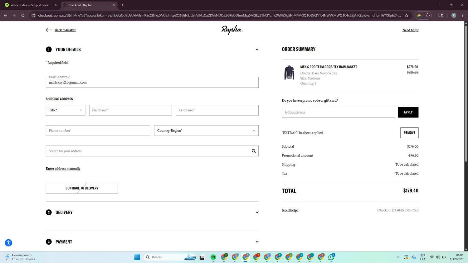 Rapha promo code screenshot showing code EXTRA10 applied at Rapha checkout page. Uploaded by SimplyCodes community member MagnificentLynx1486 on Dec 1, 2025