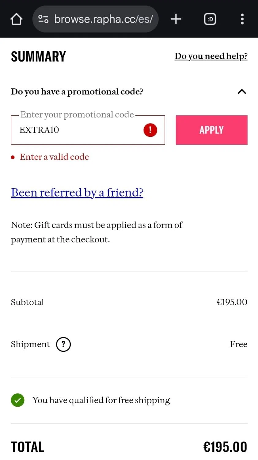 Rapha promo code screenshot showing code EXTRA10 applied at Rapha checkout page. Uploaded by SimplyCodes community member ValiantCurator3344 on Dec 7, 2025