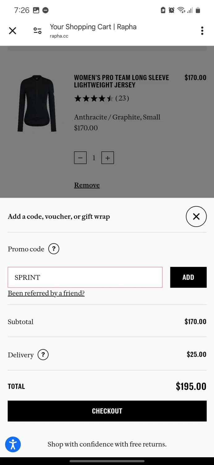 Rapha promo code screenshot showing code SPRINT applied at Rapha checkout page. Uploaded by SimplyCodes community member Bendito on Feb 25, 2025