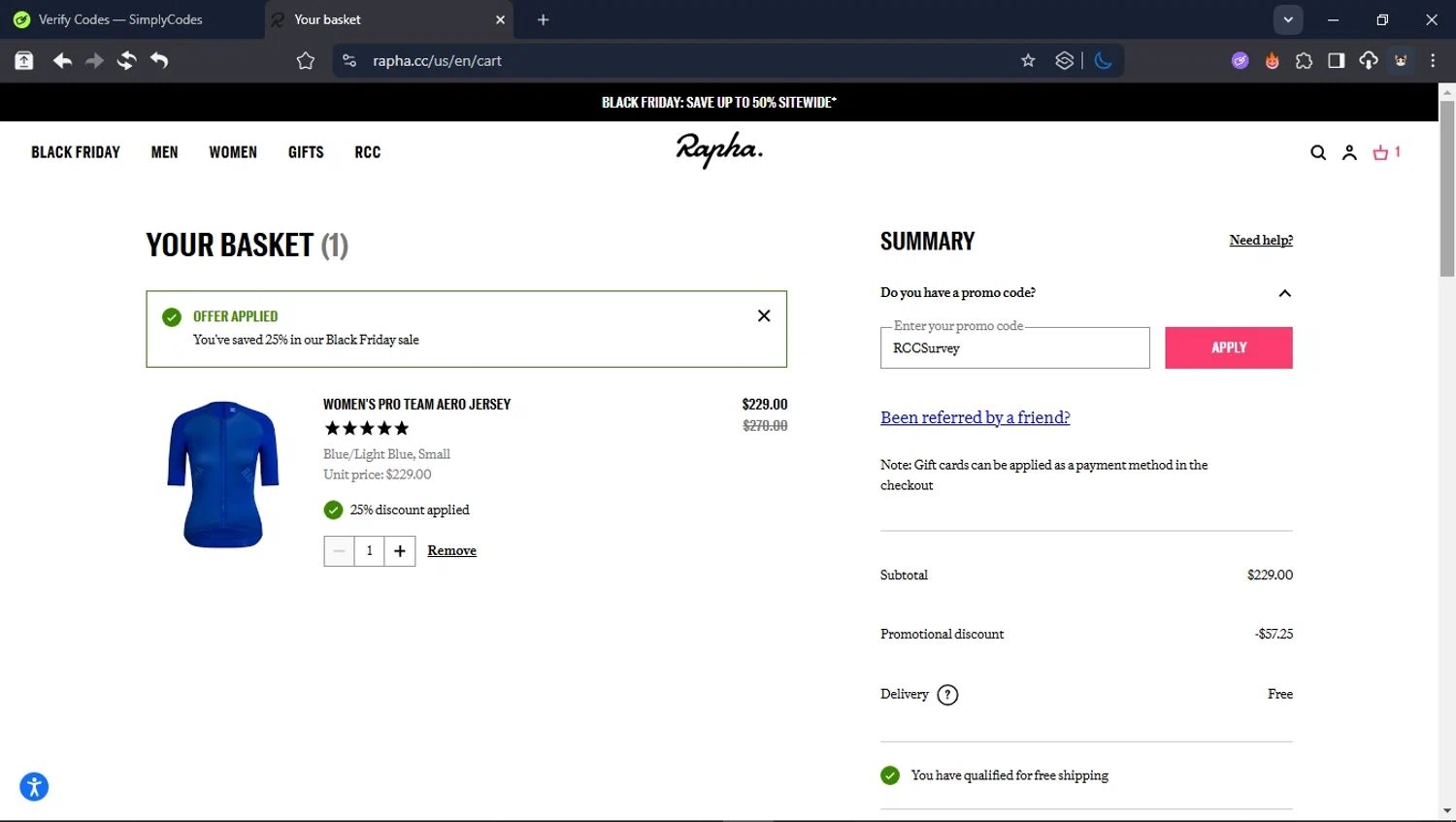 Rapha checkout page showing Rapha promo code box | Screenshot taken by SimplyCodes community member on Nov 28, 2025
