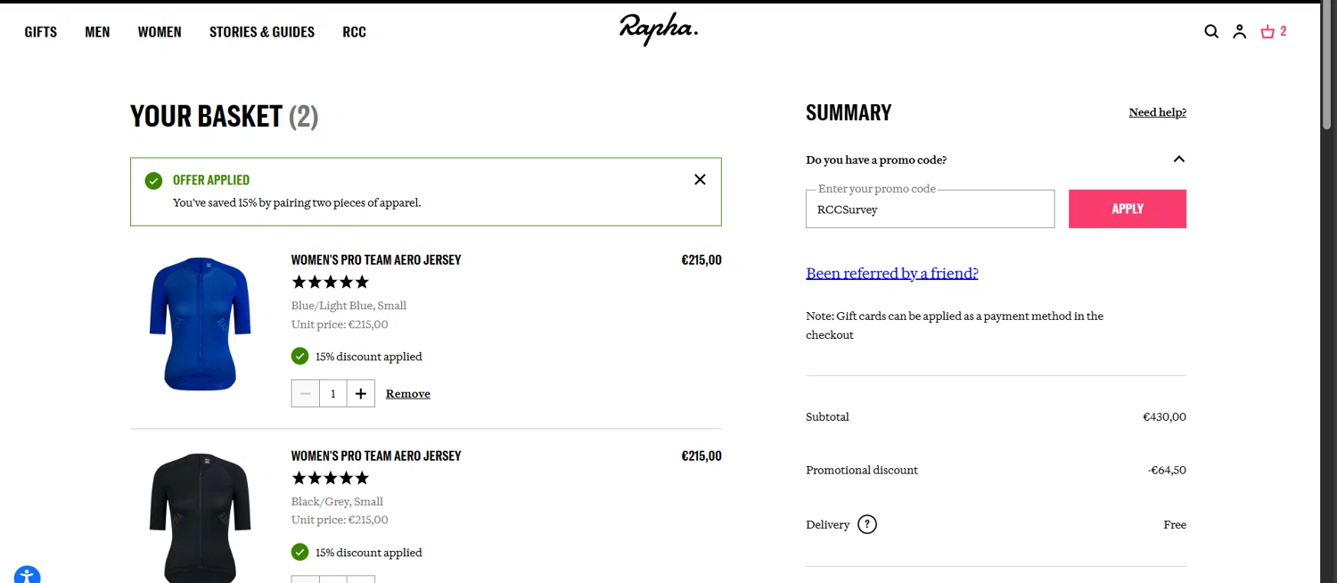 Rapha promo code screenshot showing code RCCSurvey applied at Rapha checkout page. Uploaded by SimplyCodes community member JasnibelEgu on Dec 6, 2025