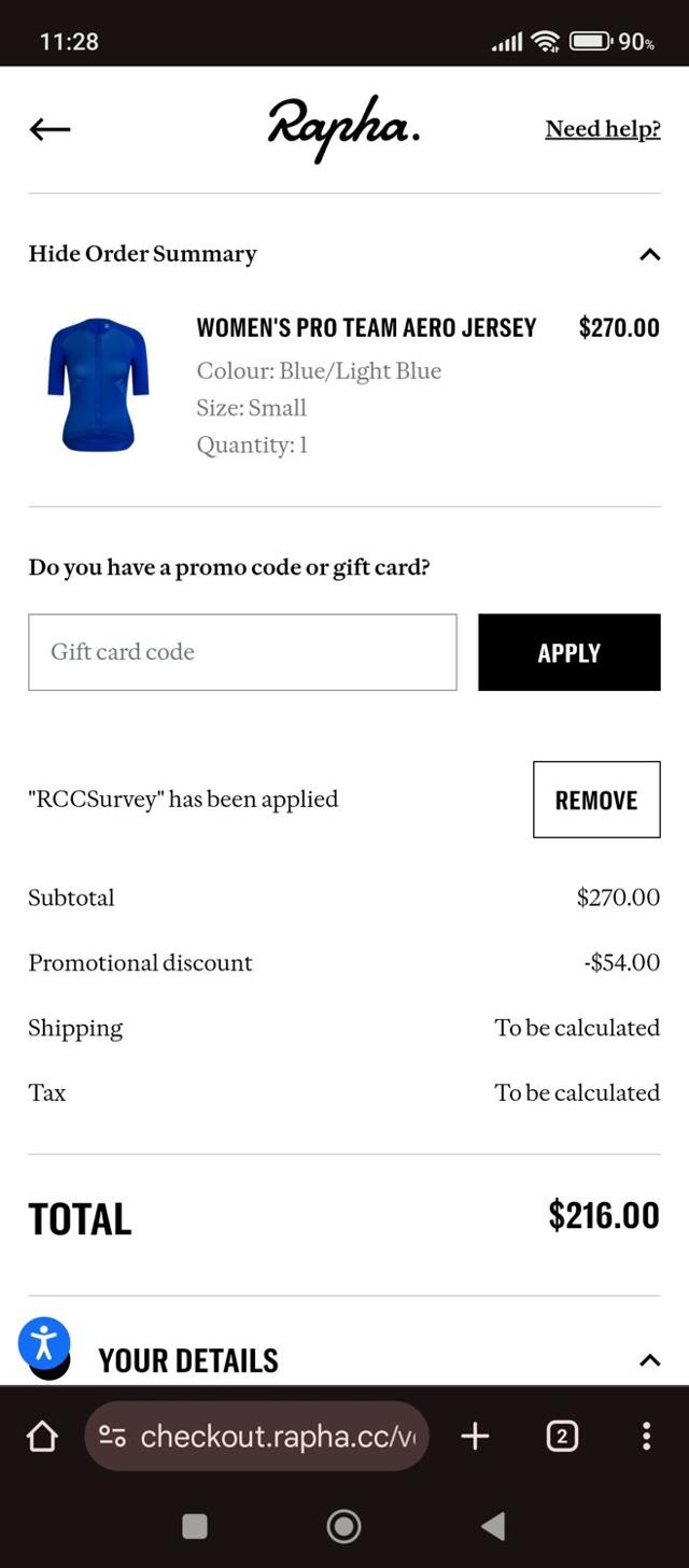 Rapha checkout page showing Rapha promo code box | Screenshot taken by SimplyCodes community member on Aug 30, 2025