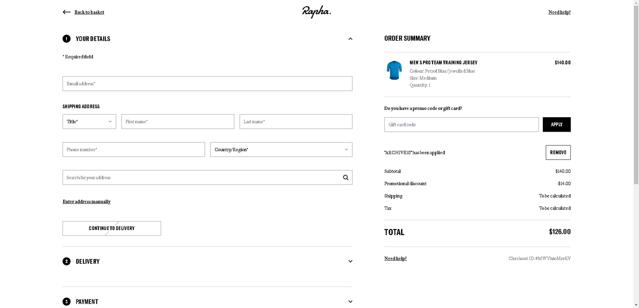 Rapha checkout page showing Rapha promo code box | Screenshot taken by SimplyCodes community member on Sep 29, 2025