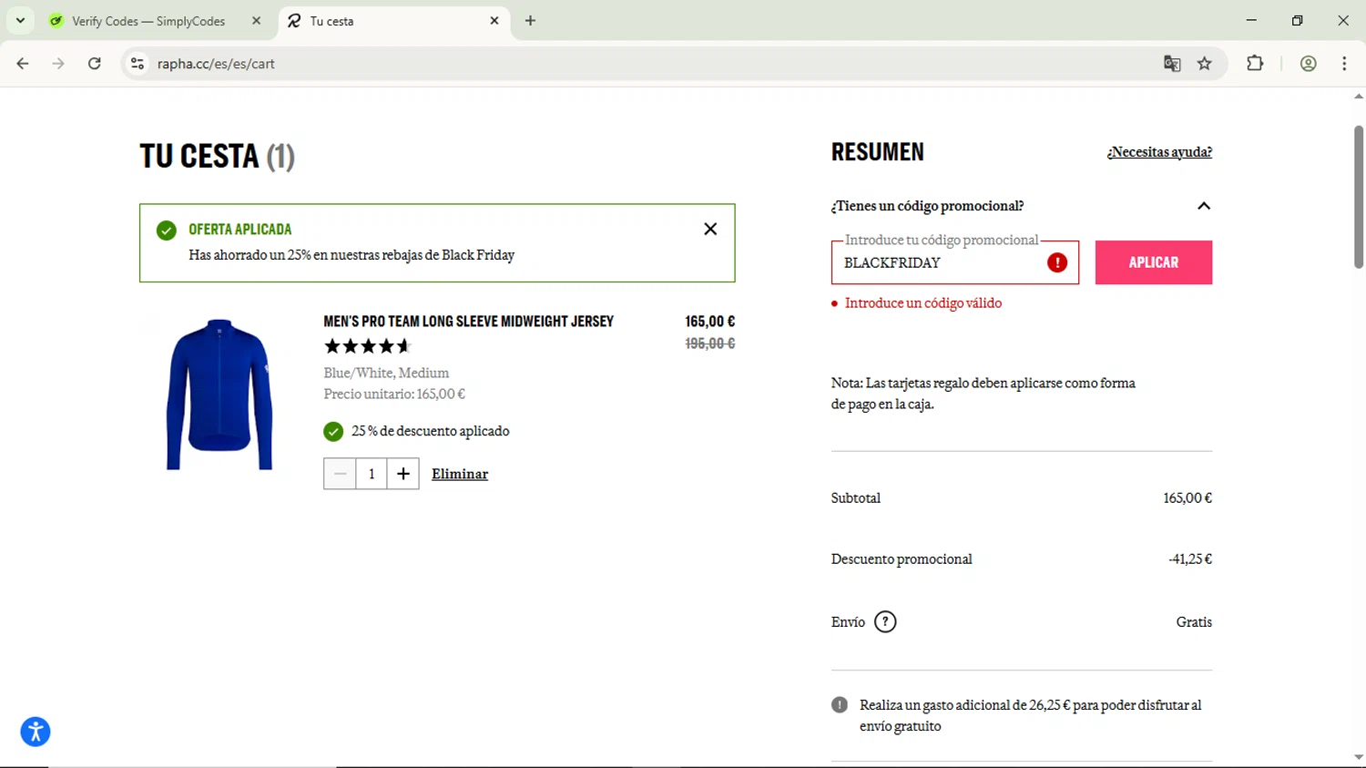 Rapha promo code screenshot showing code BLACKFRIDAY applied at Rapha checkout page. Uploaded by SimplyCodes community member ScanPhoenix3549 on Nov 27, 2025