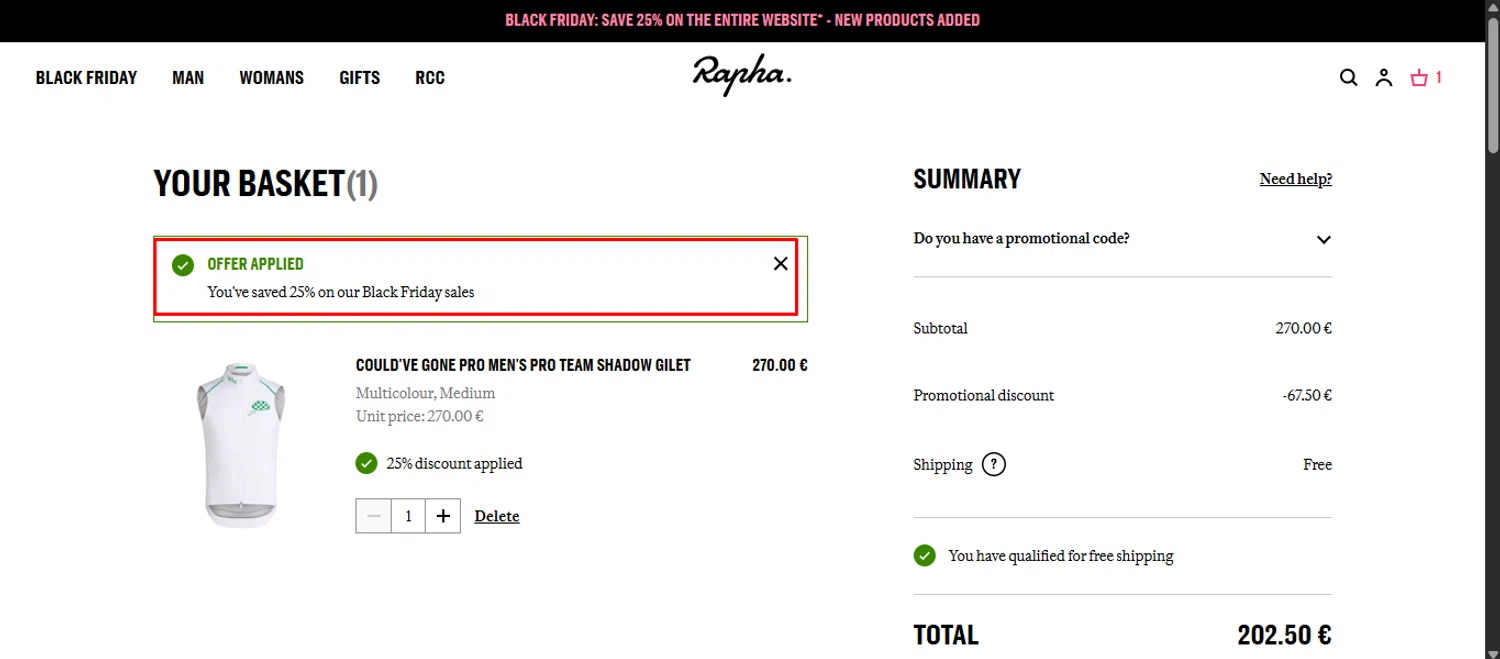 Rapha promo code screenshot showing code BLACKFRIDAY applied at Rapha checkout page. Uploaded by SimplyCodes community member noworries on Nov 25, 2025