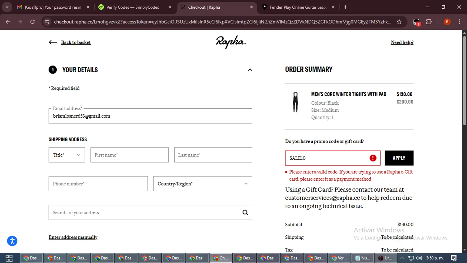 Rapha promo code screenshot showing code SALE10 applied at Rapha checkout page. Uploaded by SimplyCodes community member DiscountExpert6435 on Jan 7, 2026