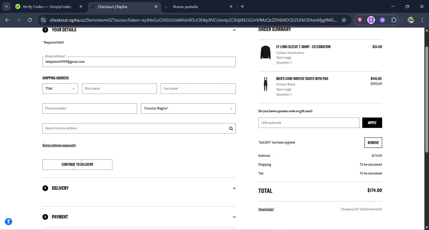 Rapha promo code screenshot showing code SALE10 applied at Rapha checkout page. Uploaded by SimplyCodes community member RewardDefender7173 on Dec 26, 2025