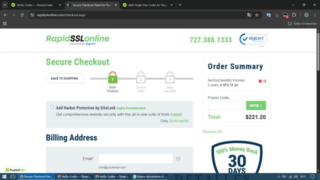 RapidSSLonline checkout page showing RapidSSLonline promo code box | Screenshot taken by SimplyCodes community member on Mar 20, 2025