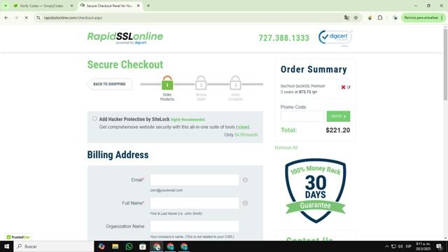 RapidSSLonline checkout page showing RapidSSLonline promo code box | Screenshot taken by SimplyCodes community member on Mar 20, 2025