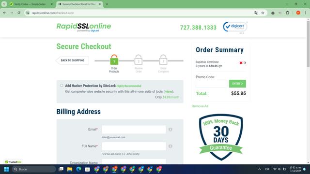 RapidSSLonline checkout page showing RapidSSLonline promo code box | Screenshot taken by SimplyCodes community member on Nov 7, 2024