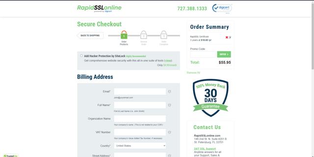 RapidSSLonline checkout page showing RapidSSLonline promo code box | Screenshot taken by SimplyCodes community member on Dec 19, 2024