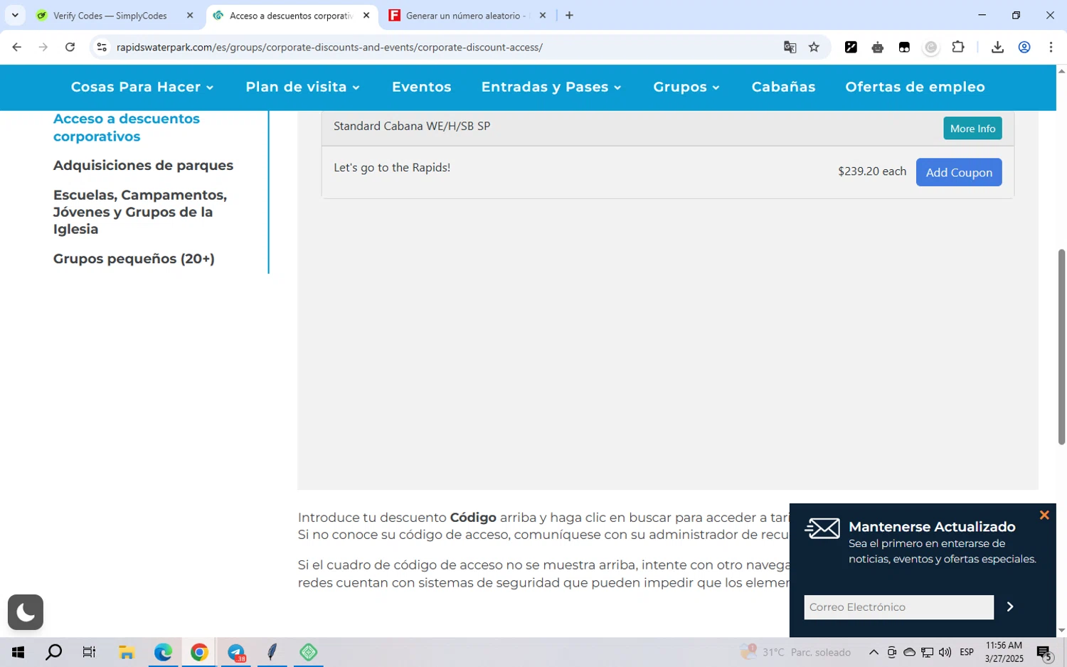 Rapids Waterpark checkout page showing Rapids Waterpark promo code box | Screenshot taken by SimplyCodes community member on Mar 27, 2025