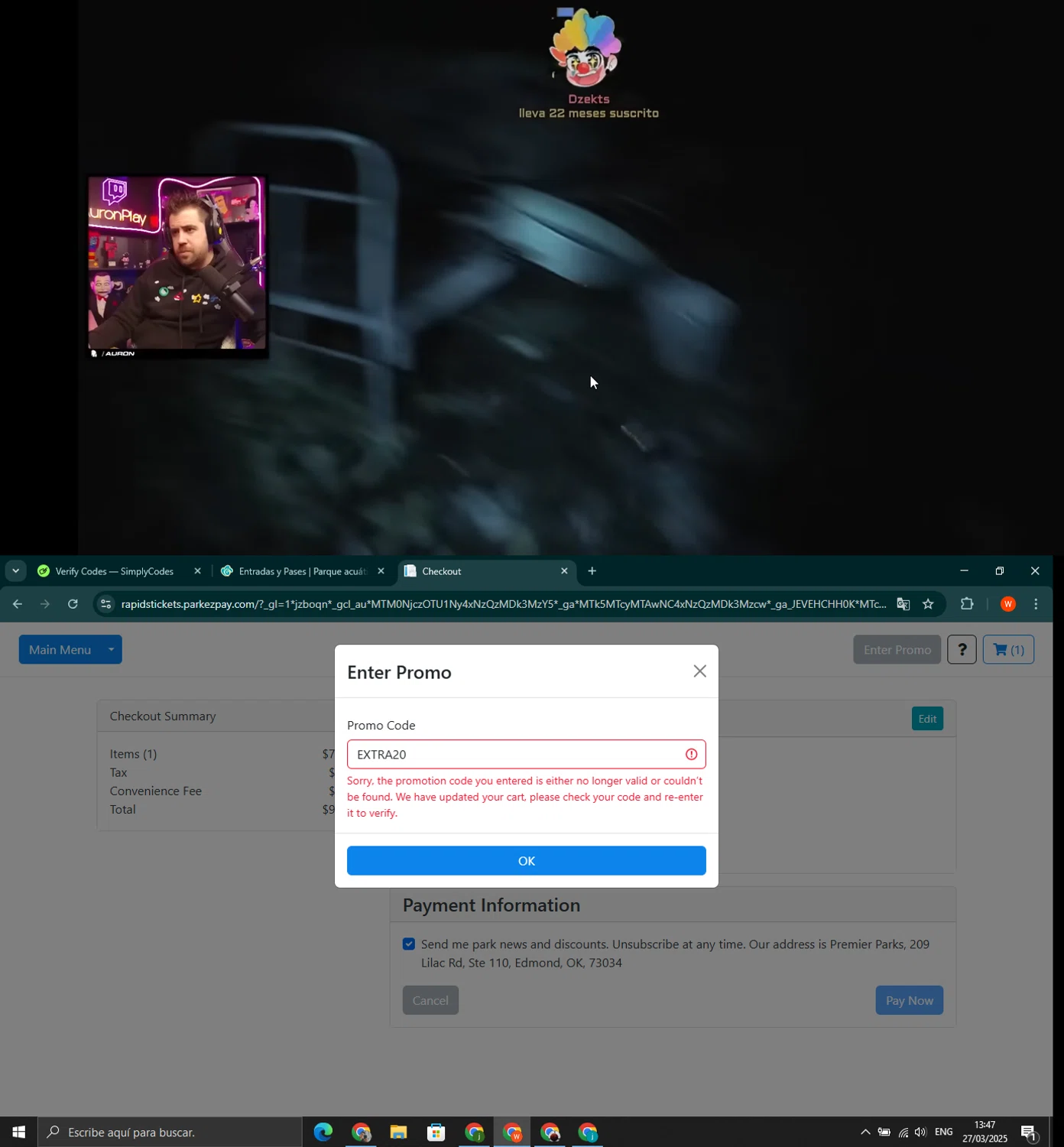 Rapids Waterpark promo code screenshot showing code BCPSSUN applied at Rapids Waterpark checkout page. Uploaded by SimplyCodes community member wilferji on Mar 27, 2025