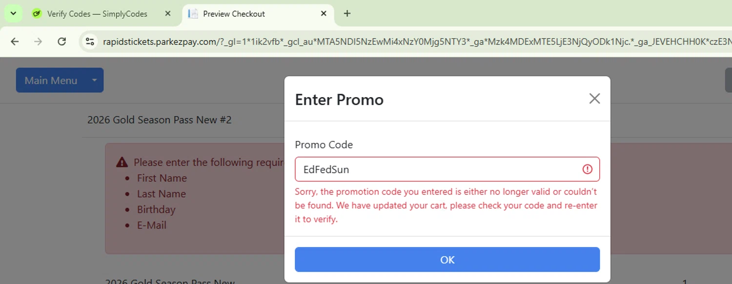 Rapids Waterpark promo code screenshot showing code EdFedSun applied at Rapids Waterpark checkout page. Uploaded by SimplyCodes community member Logoteam on Nov 28, 2025