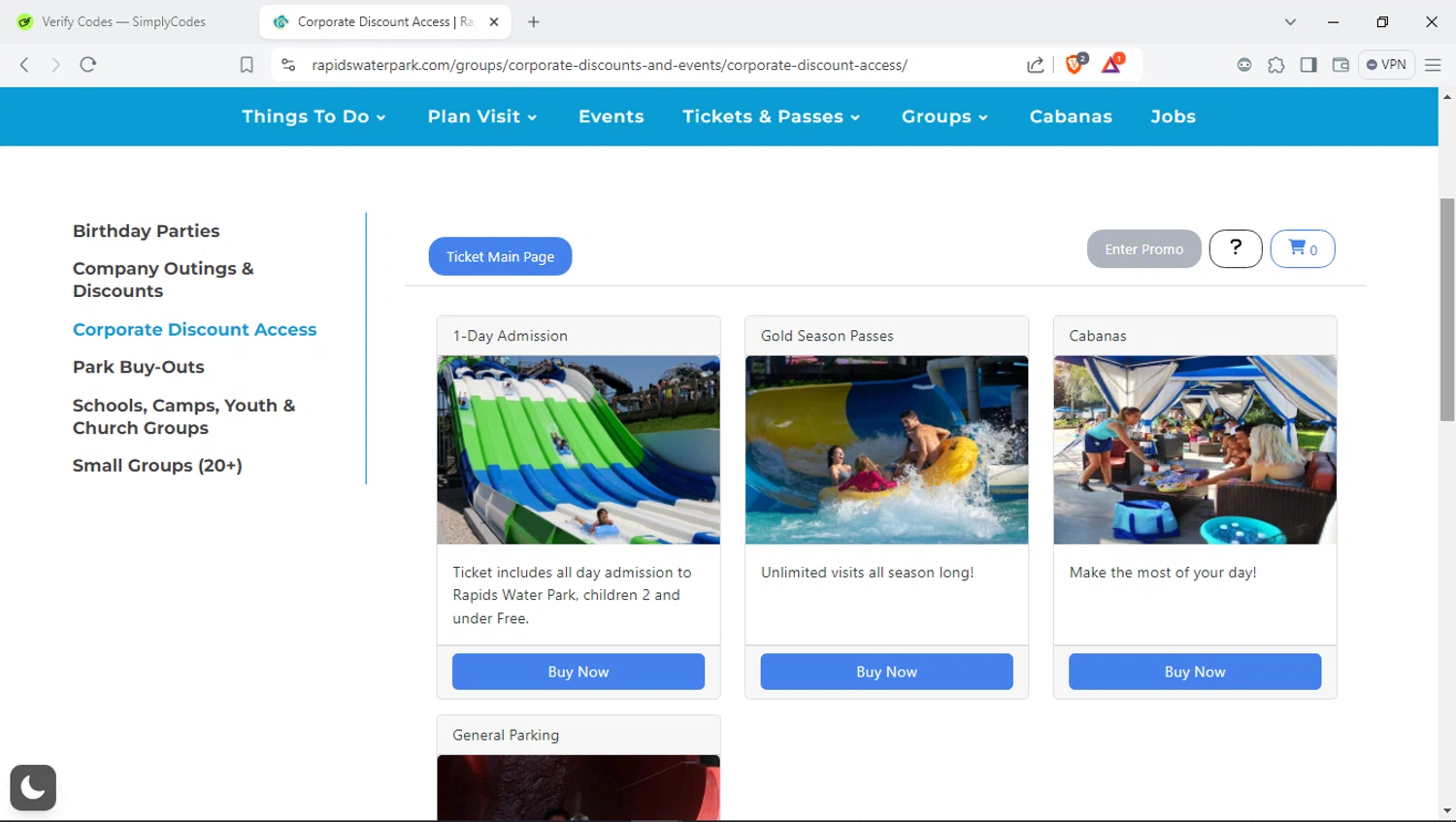 Rapids Waterpark checkout page showing Rapids Waterpark promo code box | Screenshot taken by SimplyCodes community member on Aug 12, 2024
