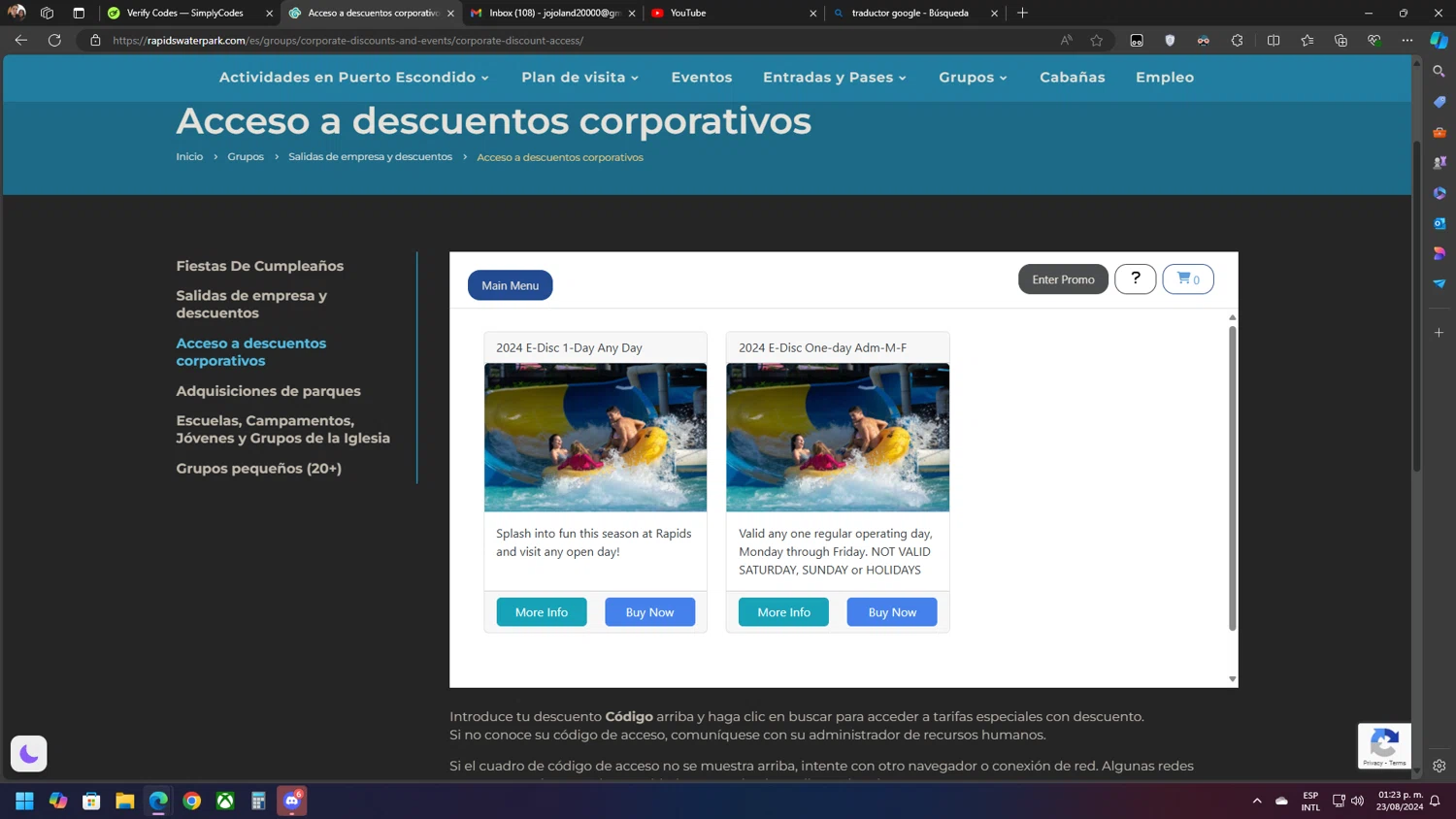 Rapids Waterpark checkout page showing Rapids Waterpark promo code box | Screenshot taken by SimplyCodes community member on Aug 23, 2024