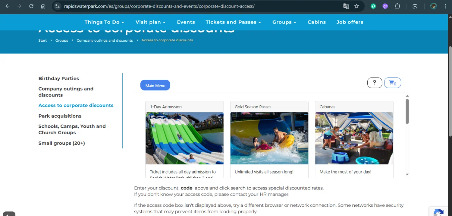 Rapids Waterpark checkout page showing Rapids Waterpark promo code box | Screenshot taken by SimplyCodes community member on Apr 16, 2025