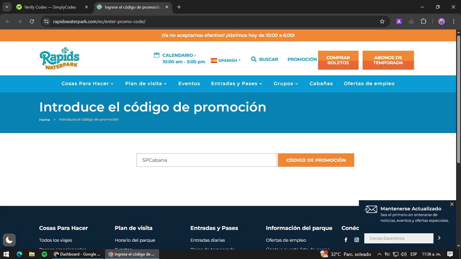 Rapids Waterpark promo code screenshot showing code SPCabana applied at Rapids Waterpark checkout page. Uploaded by SimplyCodes community member jesusguqnipatwo on Mar 21, 2025