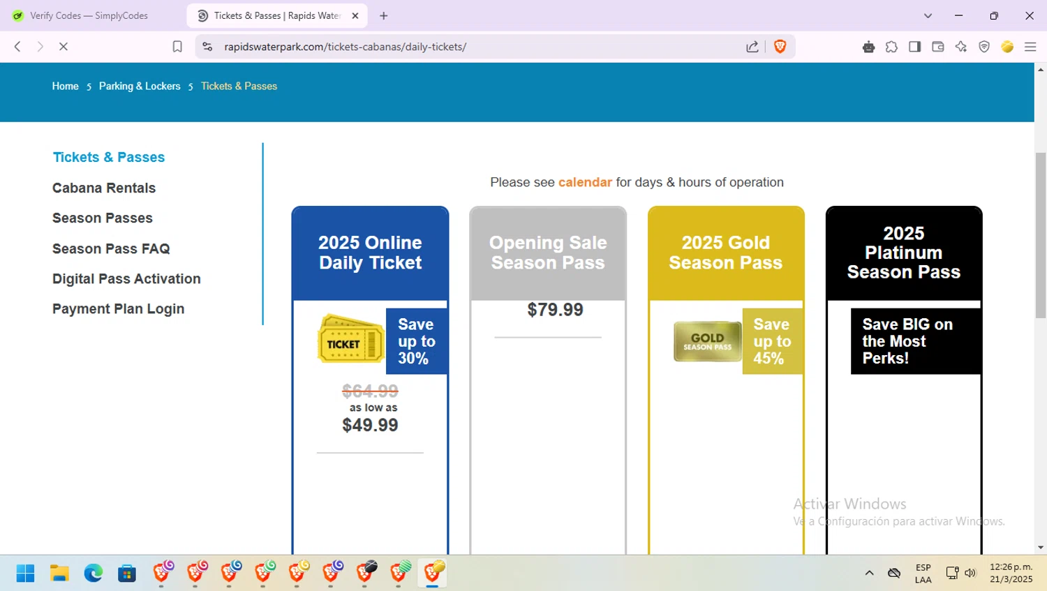 Rapids Waterpark promo code screenshot showing code SPCabana applied at Rapids Waterpark checkout page. Uploaded by SimplyCodes community member monito on Mar 21, 2025