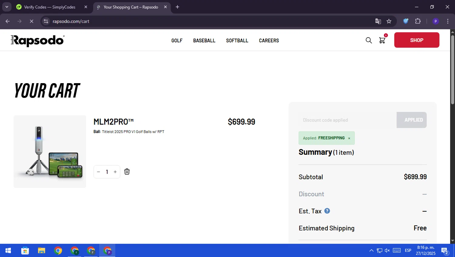 Rapsodo promo code screenshot showing code FREESHIPPING applied at Rapsodo checkout page. Uploaded by SimplyCodes community member RebateScout6612 on Dec 28, 2025