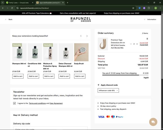 Rapunzel of Sweden checkout page showing Rapunzel of Sweden discount code box | Screenshot taken by SimplyCodes community member on Jun 22, 2025