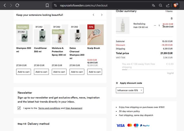 Rapunzel of Sweden checkout page showing Rapunzel of Sweden discount code box | Screenshot taken by SimplyCodes community member on Jul 21, 2025