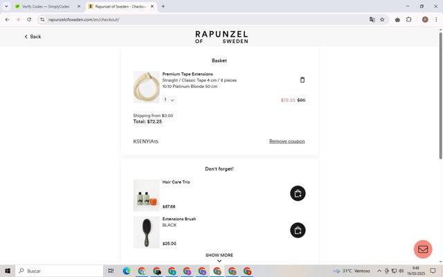 Rapunzel of Sweden checkout page showing Rapunzel of Sweden discount code box | Screenshot taken by SimplyCodes community member on Mar 16, 2025