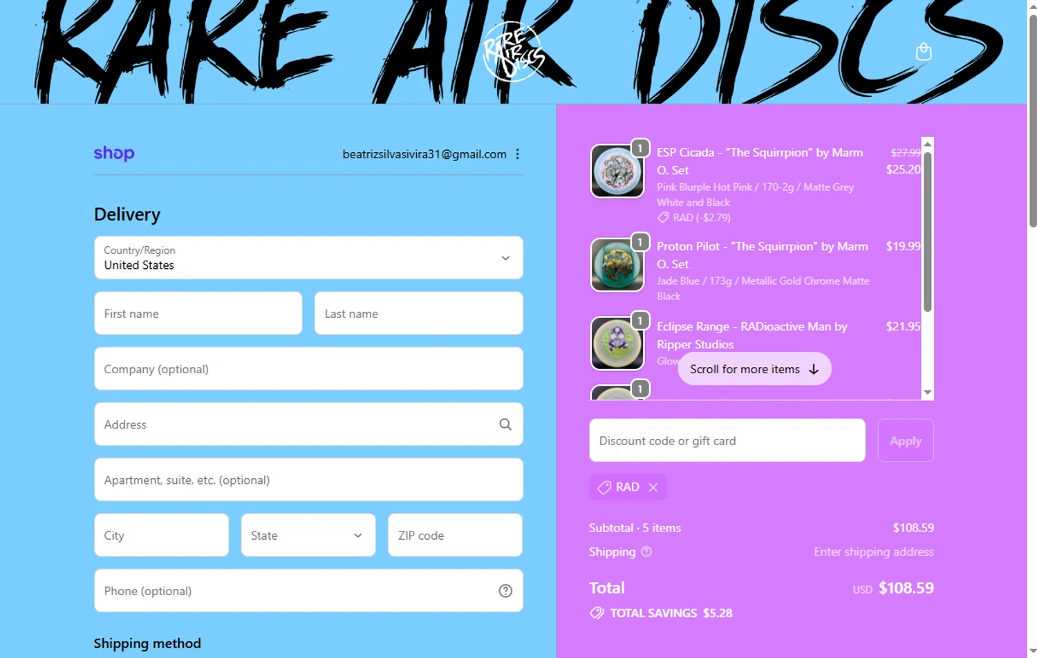 Rare Air Discs discount code screenshot showing code RAD applied at Rare Air Discs checkout page. Uploaded by SimplyCodes community member Beatrizsilva31 on Oct 11, 2025