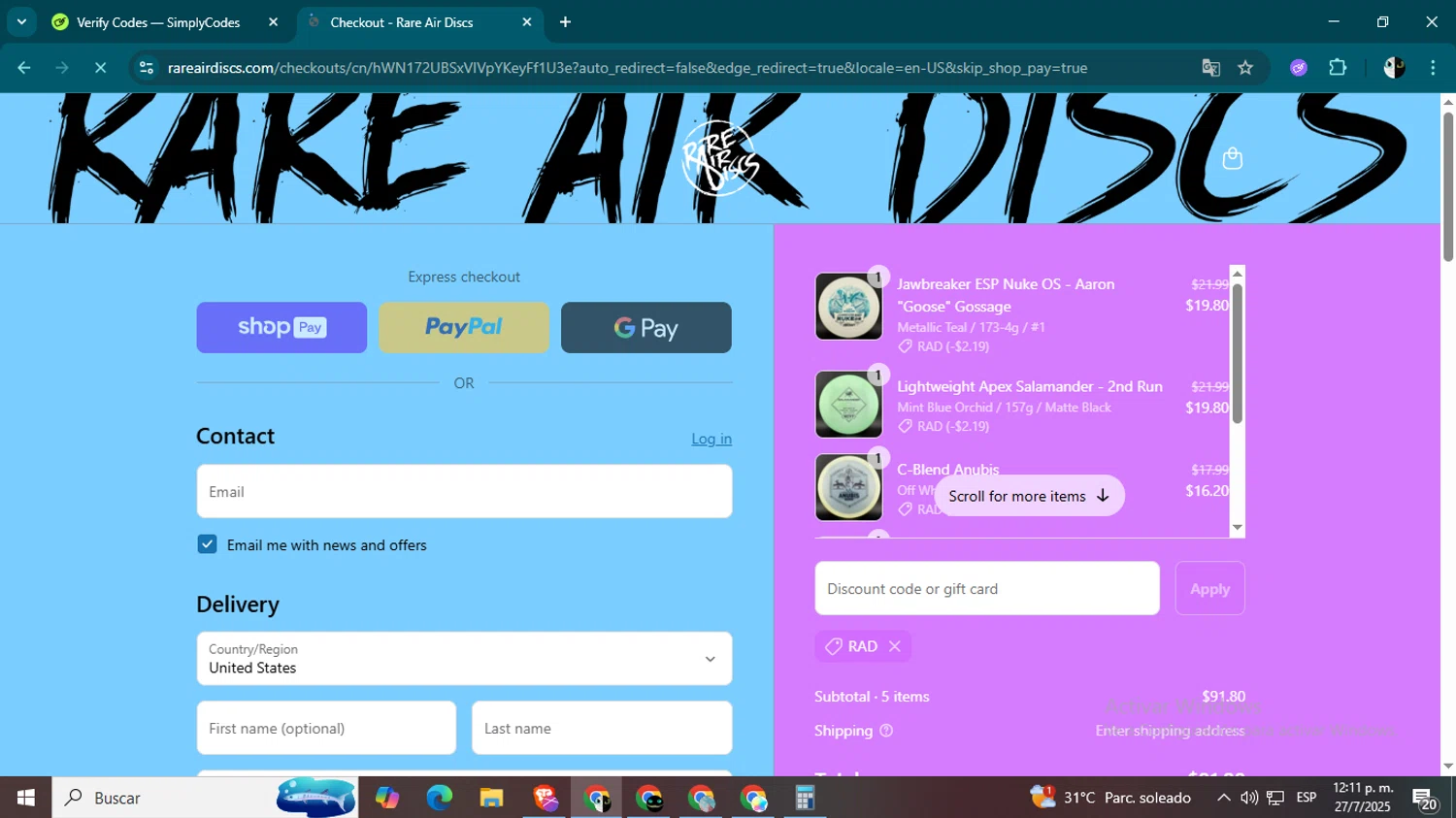 Rare Air Discs discount code screenshot showing code RAD applied at Rare Air Discs checkout page. Uploaded by SimplyCodes community member CleverSage9163 on Jul 27, 2025