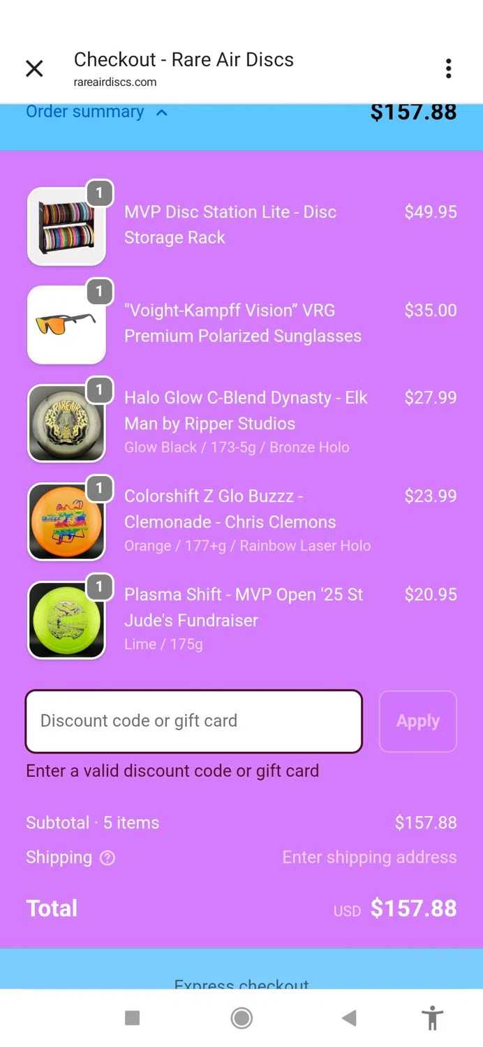 Rare Air Discs discount code screenshot showing code MVPFALL20 applied at Rare Air Discs checkout page. Uploaded by SimplyCodes community member IFeelGood3 on Oct 15, 2025