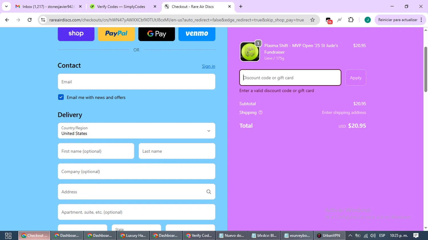 Rare Air Discs discount code screenshot showing code MVPFALL20 applied at Rare Air Discs checkout page. Uploaded by SimplyCodes community member SavvyCurator1770 on Oct 15, 2025
