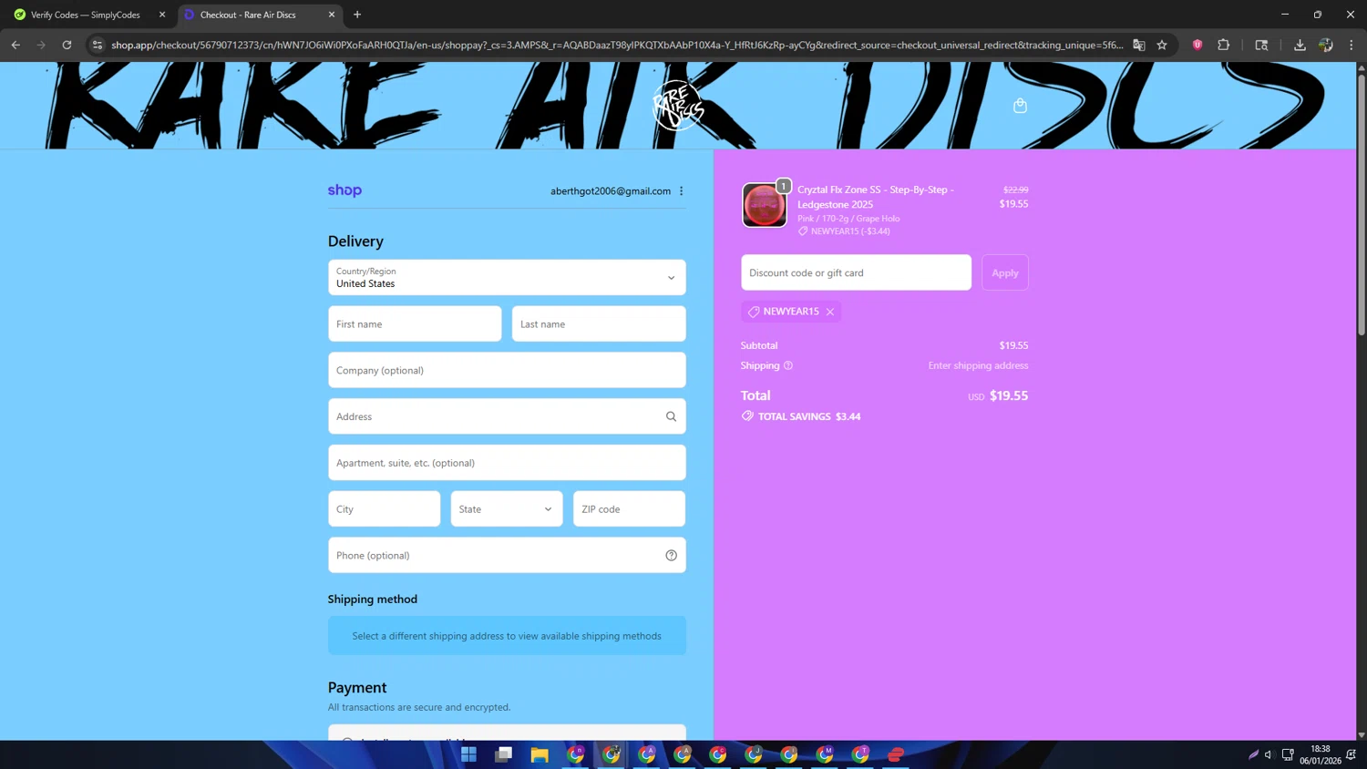 Rare Air Discs checkout page showing Rare Air Discs discount code box | Screenshot taken by SimplyCodes community member on Jan 6, 2026