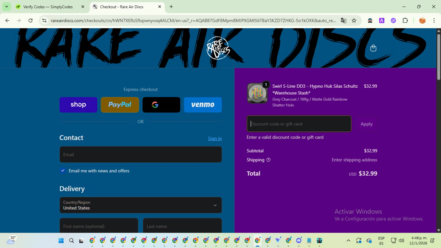 Rare Air Discs discount code screenshot showing code NEWYEAR15 applied at Rare Air Discs checkout page. Uploaded by SimplyCodes community member TreasureSentinel5290 on Jan 12, 2026