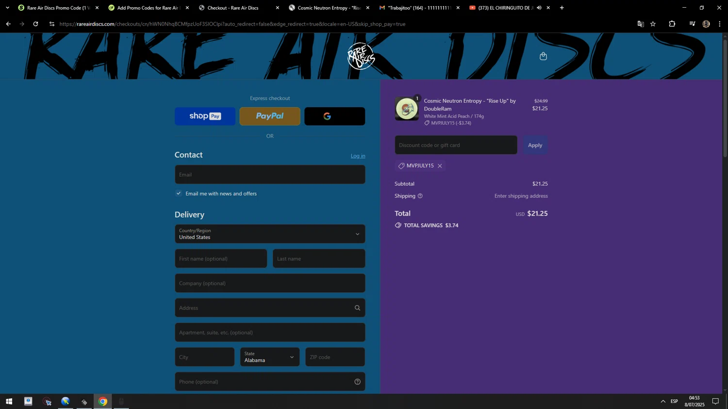 Rare Air Discs discount code screenshot showing code MVPJuly15 applied at Rare Air Discs checkout page. Uploaded by SimplyCodes community member MarcosAranguren on Jul 8, 2025