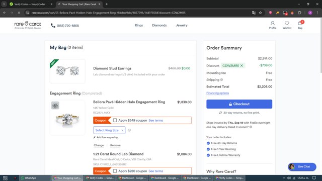 Rare Carat checkout page showing Rare Carat discount code box | Screenshot taken by SimplyCodes community member on Sep 4, 2025