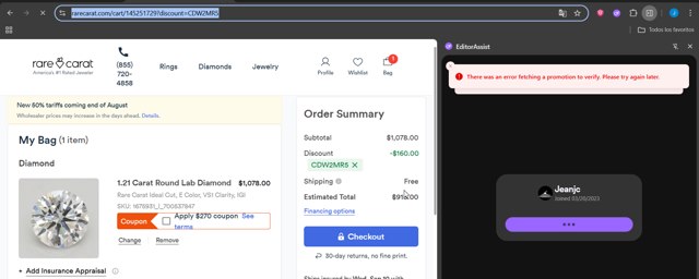 Rare Carat checkout page showing Rare Carat discount code box | Screenshot taken by SimplyCodes community member on Aug 31, 2025