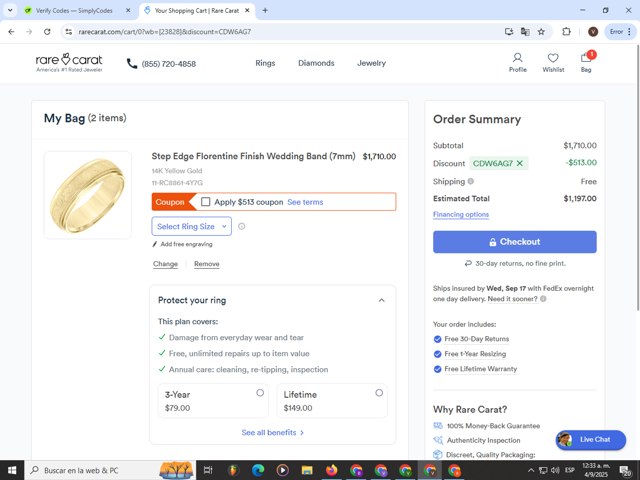 Rare Carat checkout page showing Rare Carat discount code box | Screenshot taken by SimplyCodes community member on Sep 4, 2025