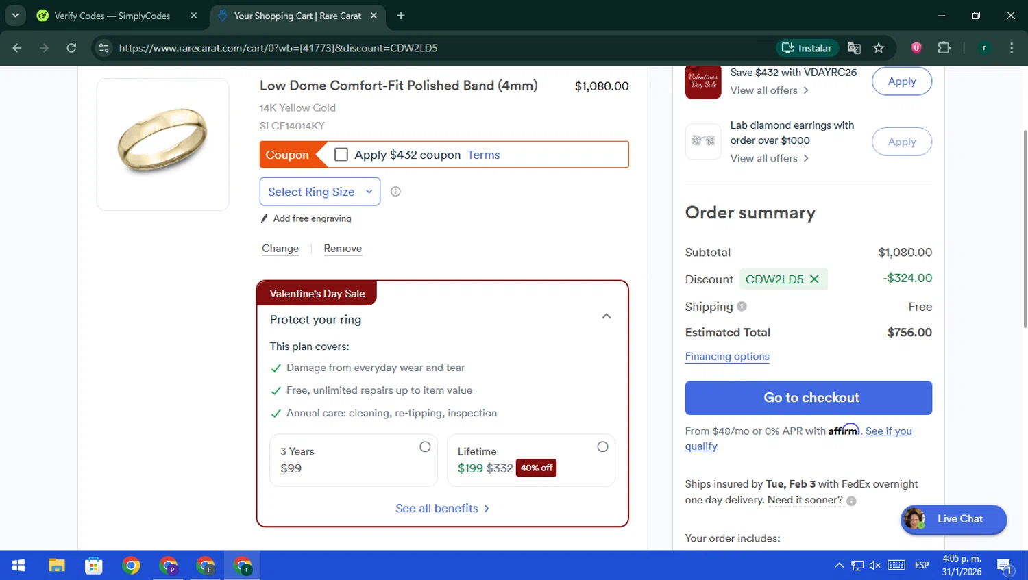 Rare Carat promo code screenshot showing code CDW2LD5 applied at Rare Carat checkout page. Uploaded by SimplyCodes community member rodri1 on Jan 31, 2026