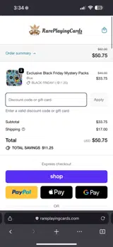 RAREPLAYINGCARDS coupon verification screenshot