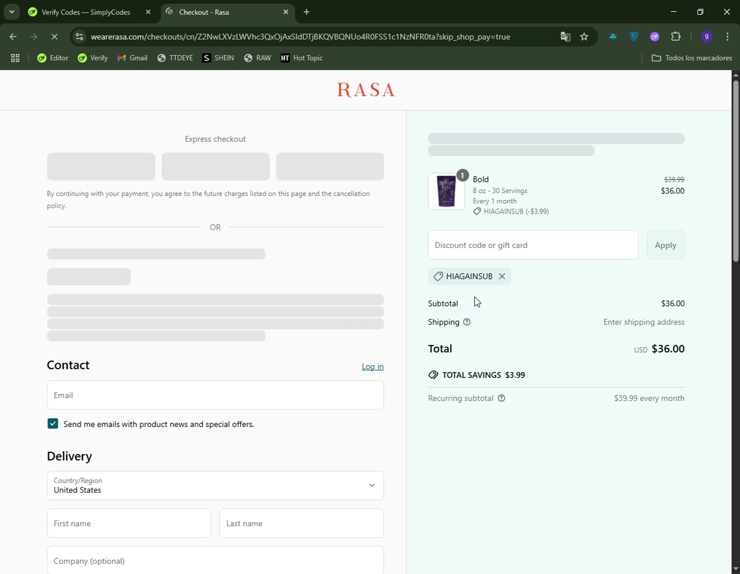 Rasa discount code screenshot showing code HIAGAINSUB applied at Rasa checkout page. Uploaded by SimplyCodes community member CapitanCentella on May 28, 2025