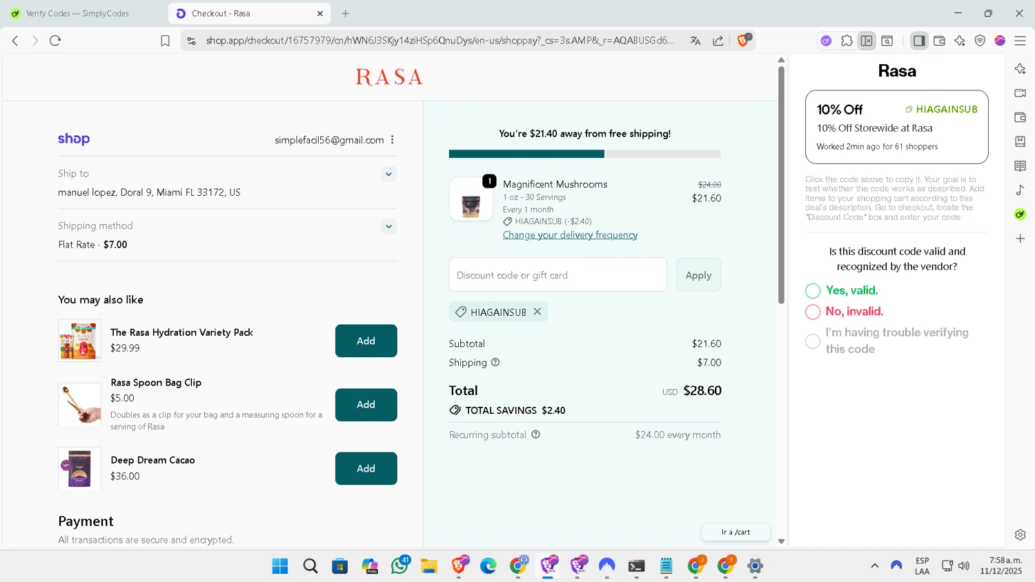 Rasa discount code screenshot showing code HIAGAINSUB applied at Rasa checkout page. Uploaded by SimplyCodes community member DiscountExpert556 on Dec 11, 2025